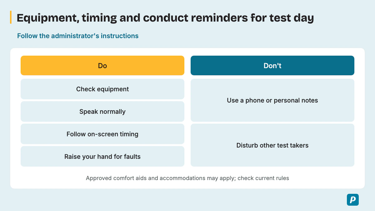 Equipment, timing and conduct reminders for test day