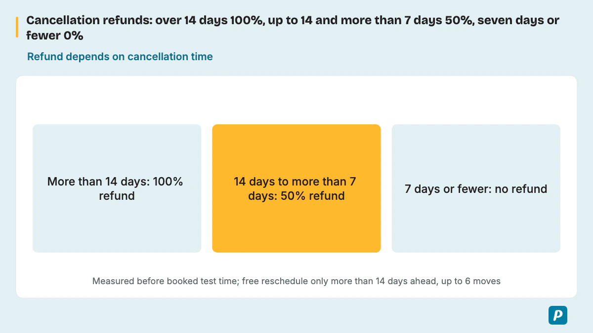 Cancellation refunds: over14days100%, up to14andmorethan7days50%, seven days or fewer0%